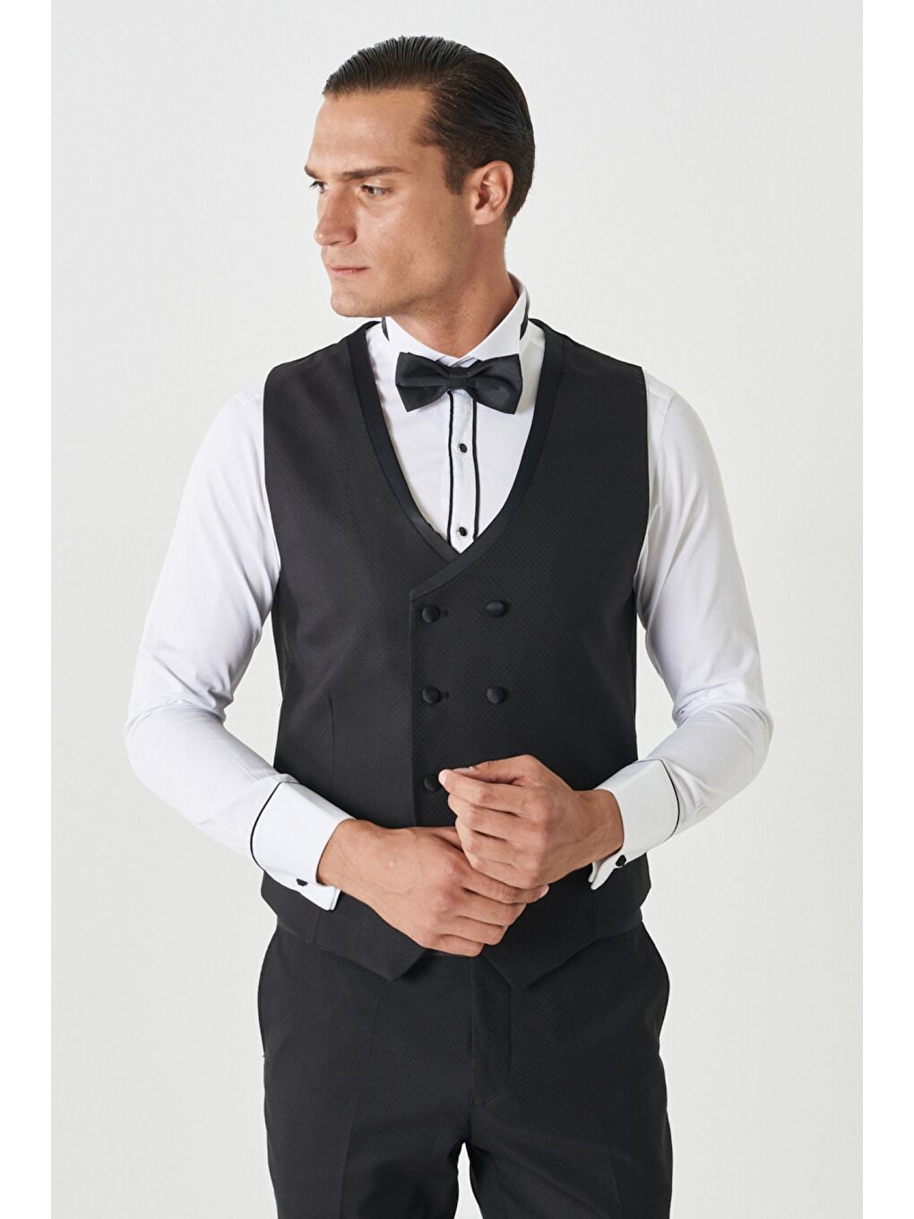 Erkek Siyah Slim Fit Dar Kesim Mono Yaka Desenli Yelekli Smokin Takım-3