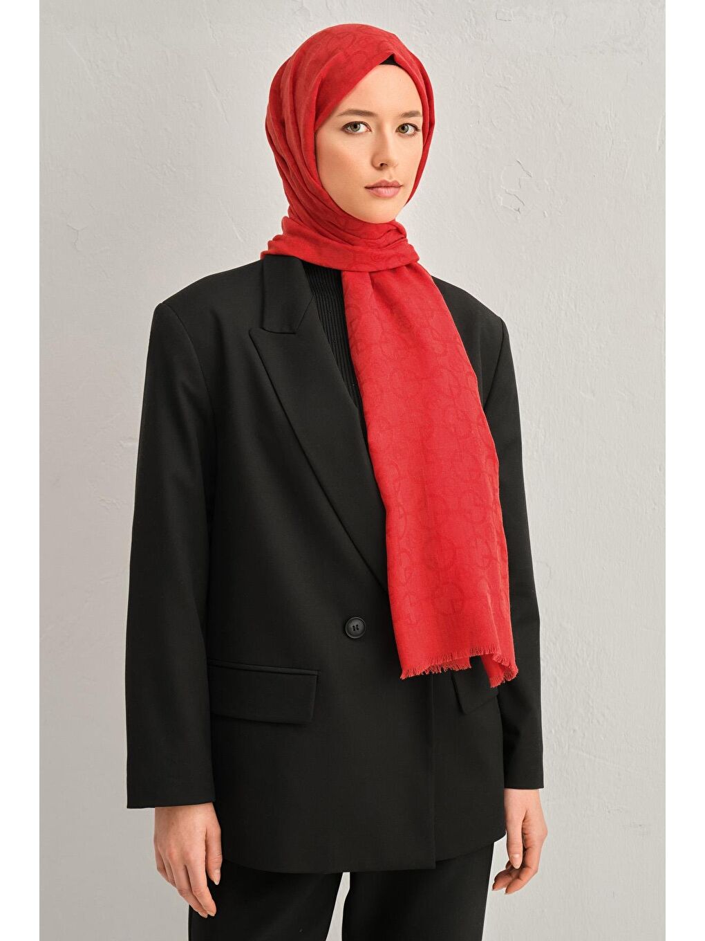 Kırmızı Lyocell Yün Geometrik Desen Şal 13-1