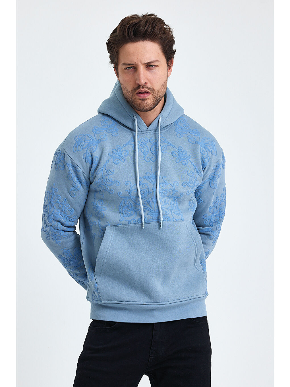 Tarz Cool Mavi Erkek Selanik Standart Fit Normal Kesim Içi Polarlı 3 Iplik Kapüşonlu Pamuklu Sweatshirt - 2