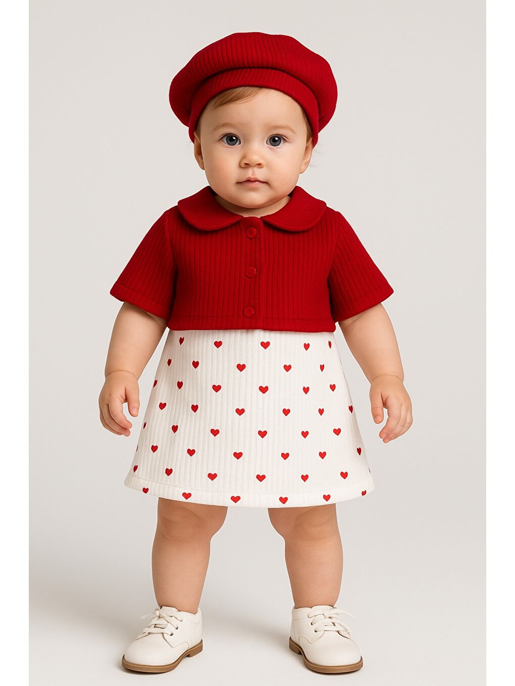 Kırmızı Bolerolu Kalp Desenli Kız Bebek Elbise Seti-1