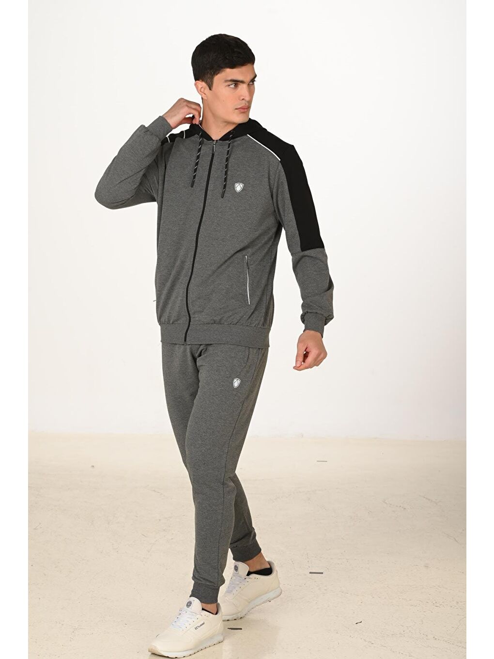 Erkek Pamuklu Tam Fermuarlı Kapüşonlu Eşofman Takımı Antrasit M. 5282-A