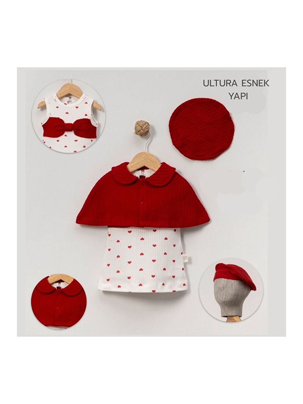 Kırmızı Bolerolu Kalp Desenli Kız Bebek Elbise Seti-2