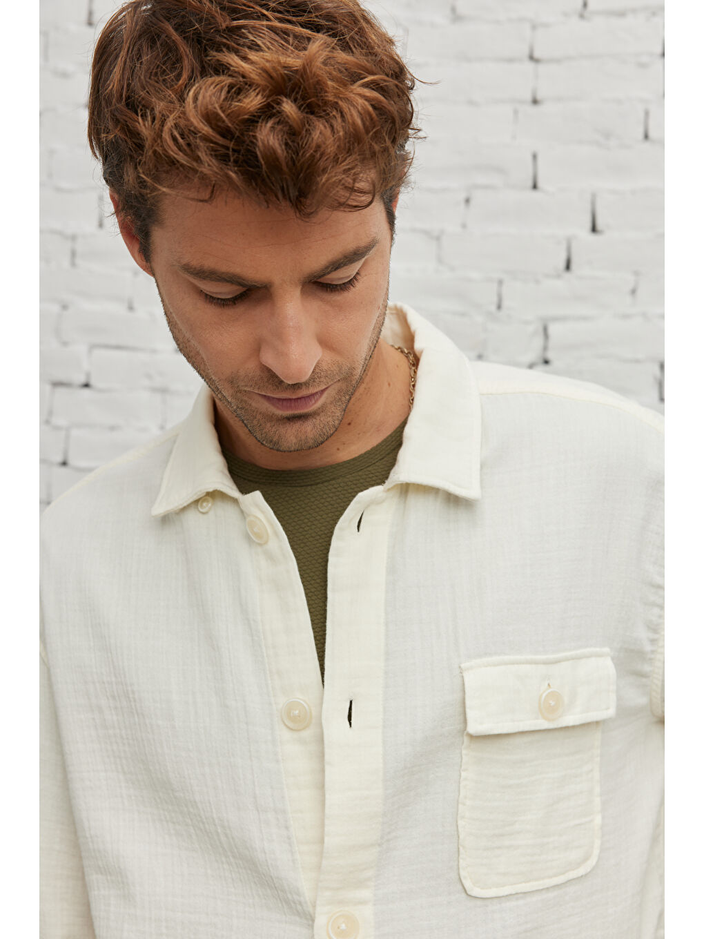 Erkek Bej Comfort Fit Rahat Kesim Gizli Düğmeli Yaka %100 Pamuk Gömlek Ceket-3