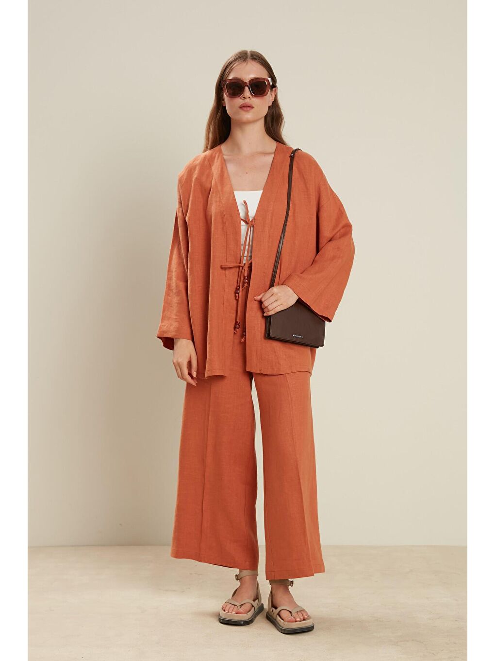 Kahverengi Keten Kimono Kiremit