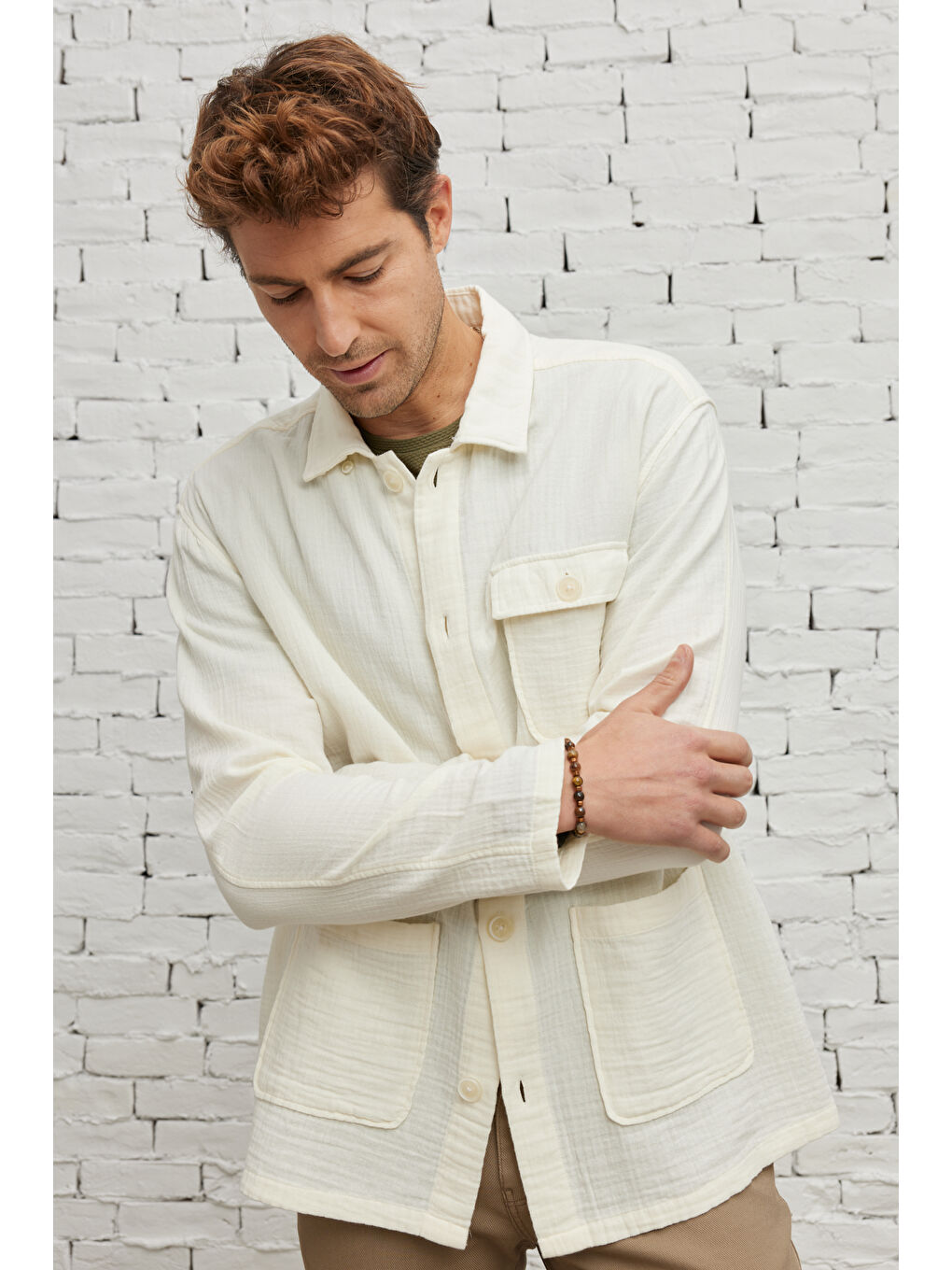 Erkek Bej Comfort Fit Rahat Kesim Gizli Düğmeli Yaka %100 Pamuk Gömlek Ceket-5