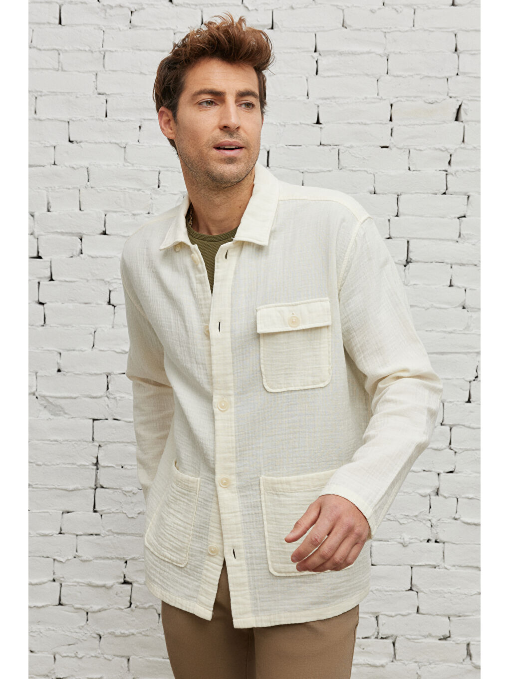 Erkek Bej Comfort Fit Rahat Kesim Gizli Düğmeli Yaka %100 Pamuk Gömlek Ceket-6