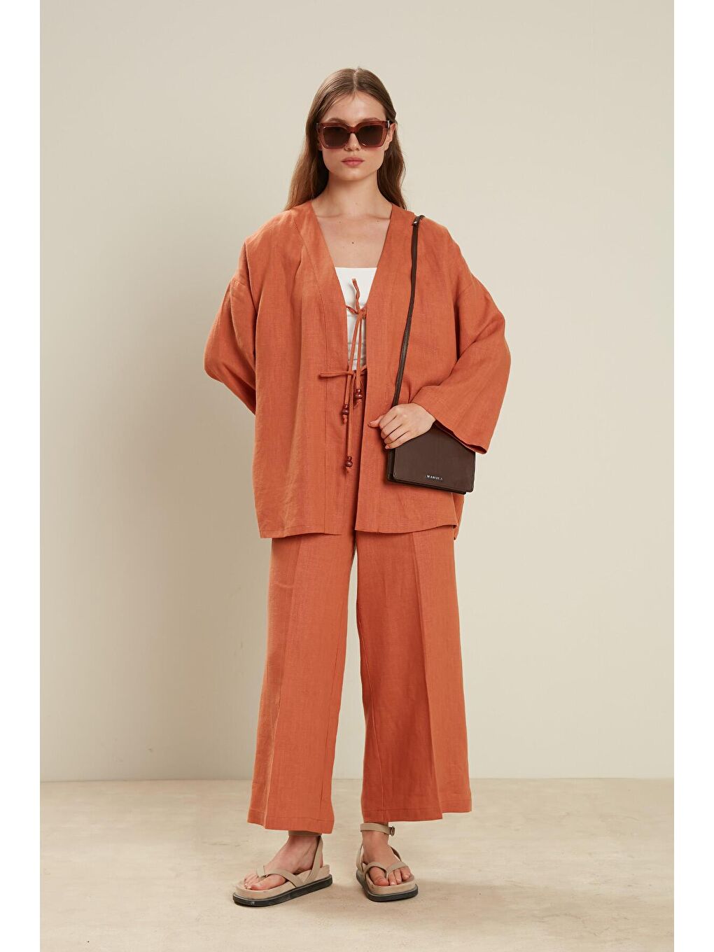 Kahverengi Keten Kimono Kiremit-1