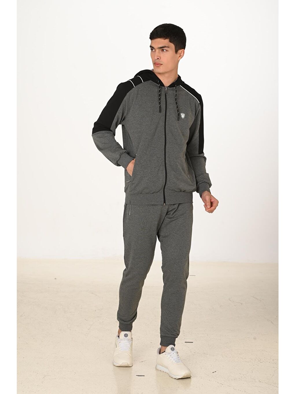 Erkek Pamuklu Tam Fermuarlı Kapüşonlu Eşofman Takımı Antrasit M. 5282-A-1