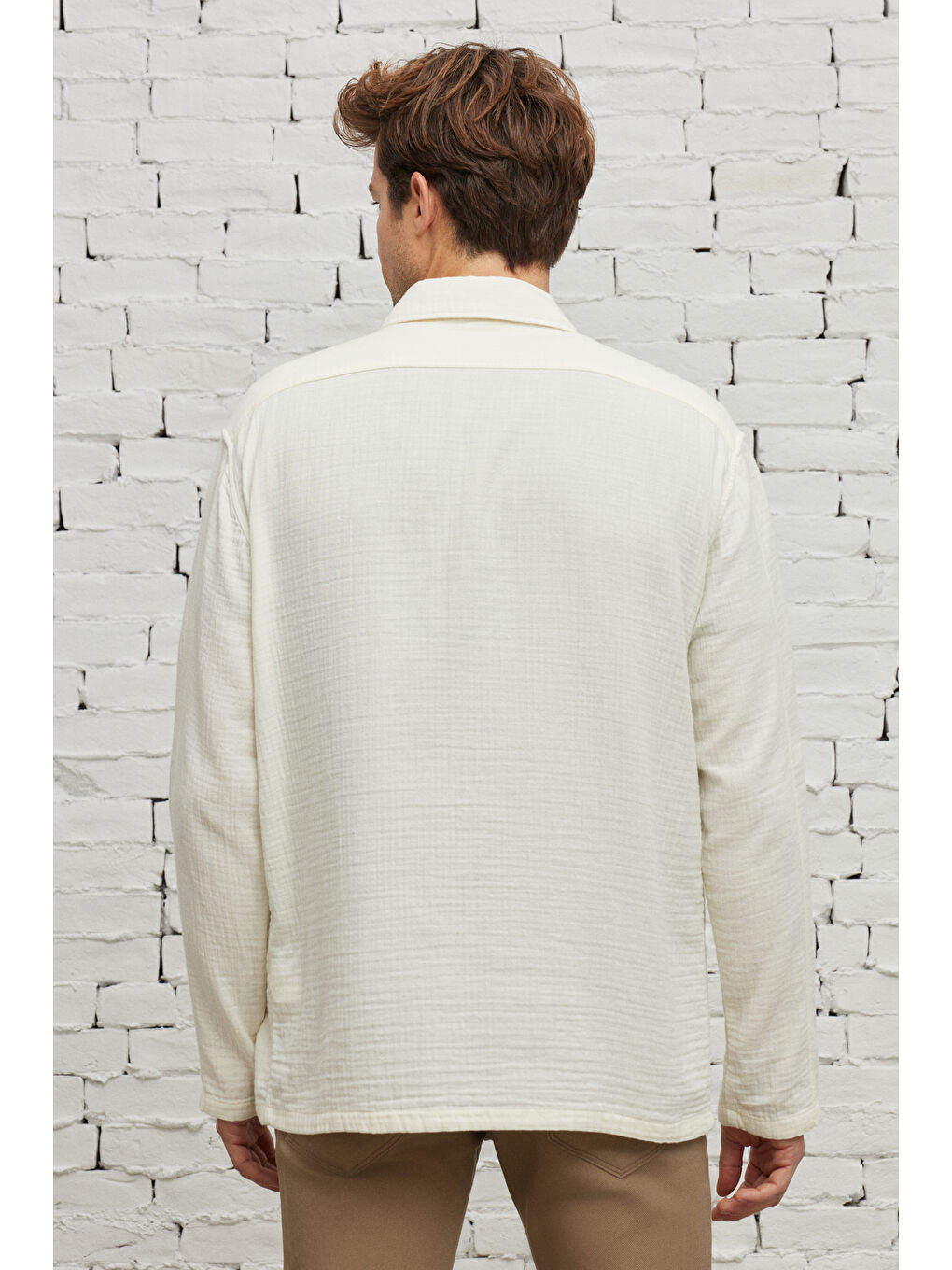 Erkek Bej Comfort Fit Rahat Kesim Gizli Düğmeli Yaka %100 Pamuk Gömlek Ceket-7