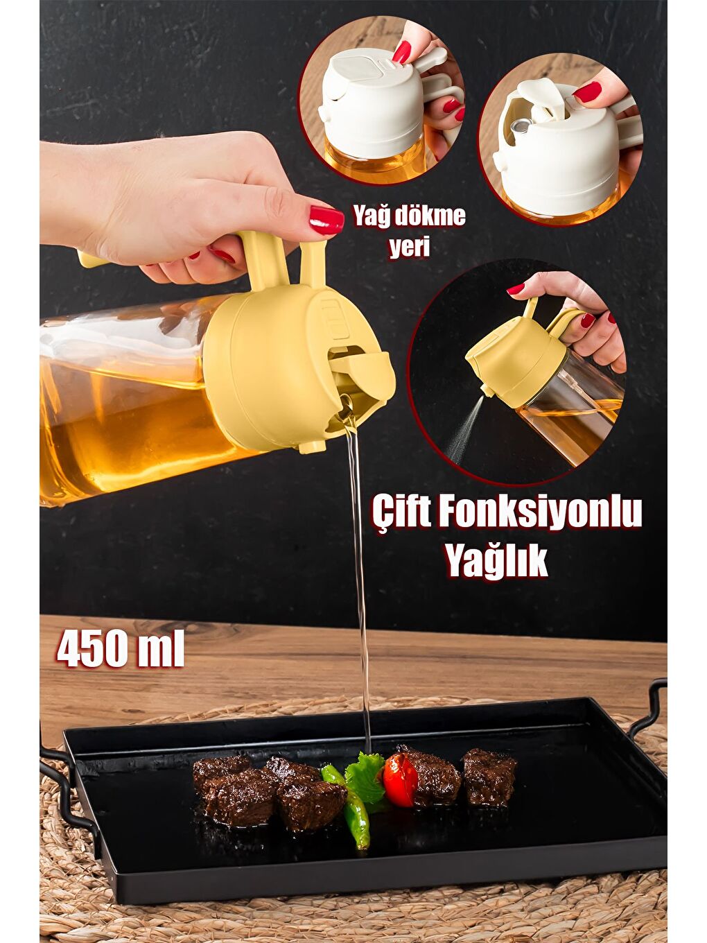 ALK-3157 Çok Amaçlı Cam Sprey Şişe -Yağdanlık Limon Sirke Sos Püskürtücü, Sızdırmaz Yağdanlık Sarı-1