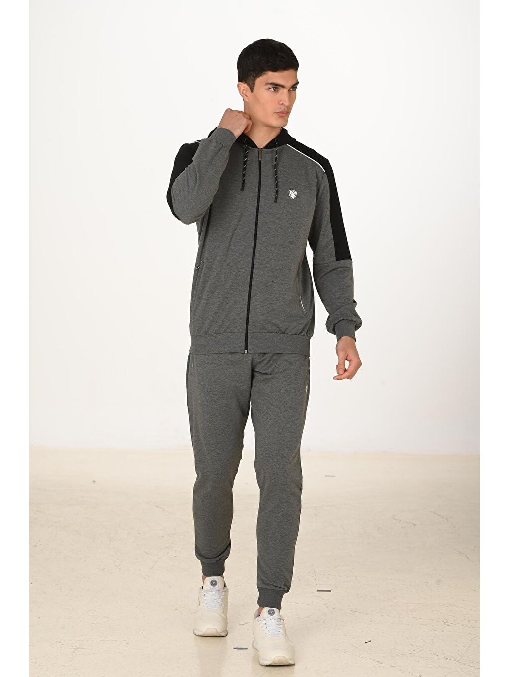 Erkek Pamuklu Tam Fermuarlı Kapüşonlu Eşofman Takımı Antrasit M. 5282-A-2