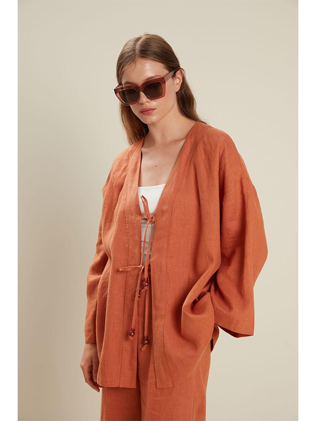 Kahverengi Keten Kimono Kiremit-2