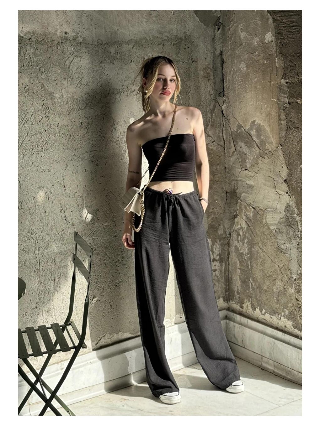 Kadın Siyah Cepli Beli Lastikli Bol Paça Keten Pantolon HZL24S-ZK11051-1