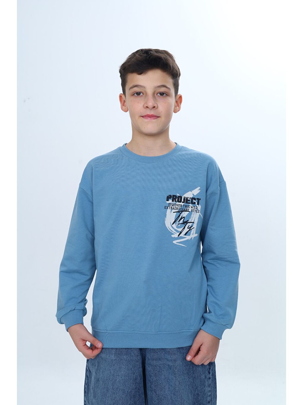 Ekru Erkek Çocuk Bisiklet Yaka Beli Eteği Lastik Baskılı Sweatshirt 24957