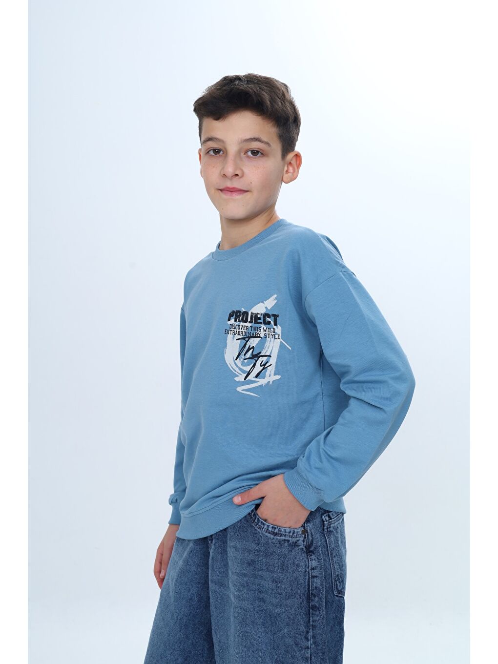 Ekru Erkek Çocuk Bisiklet Yaka Beli Eteği Lastik Baskılı Sweatshirt 24957-1