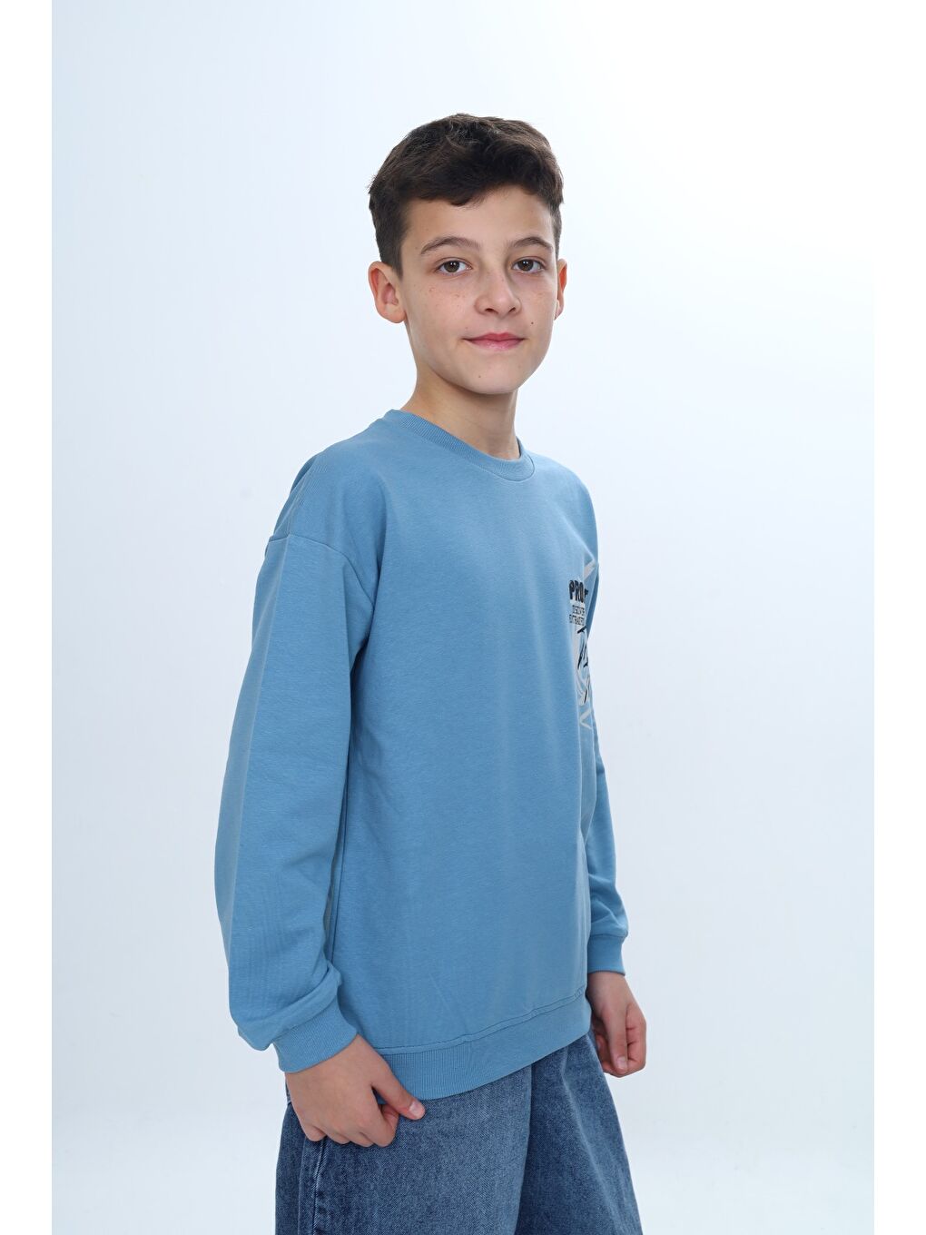 Ekru Erkek Çocuk Bisiklet Yaka Beli Eteği Lastik Baskılı Sweatshirt 24957-2
