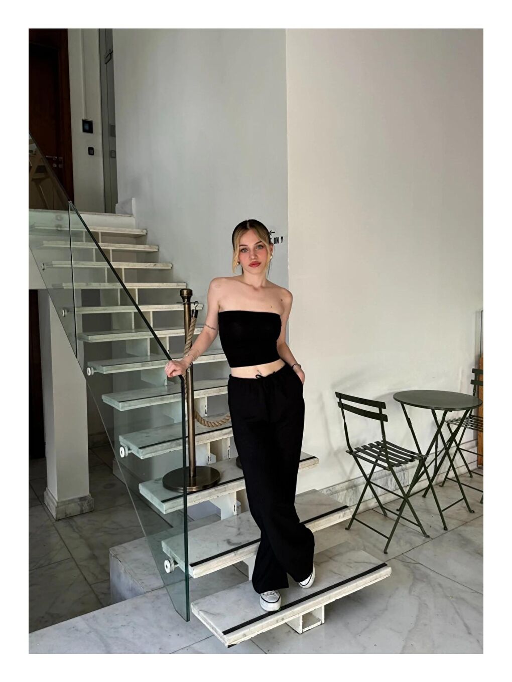 Kadın Siyah Cepli Beli Lastikli Bol Paça Keten Pantolon HZL24S-ZK11051-2