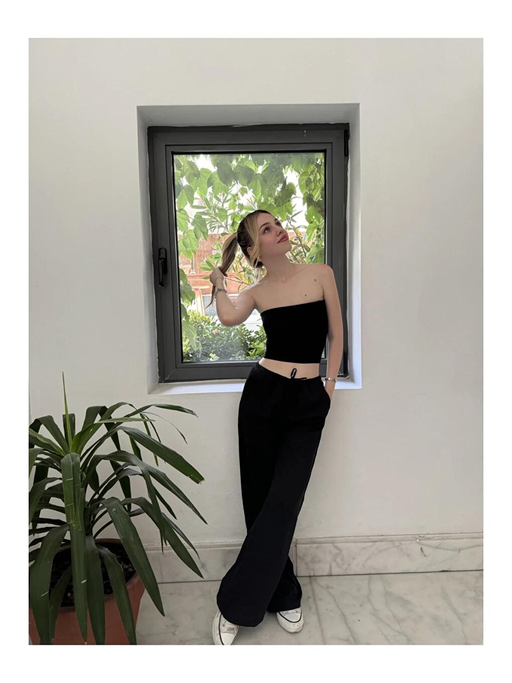 Kadın Siyah Cepli Beli Lastikli Bol Paça Keten Pantolon HZL24S-ZK11051-3