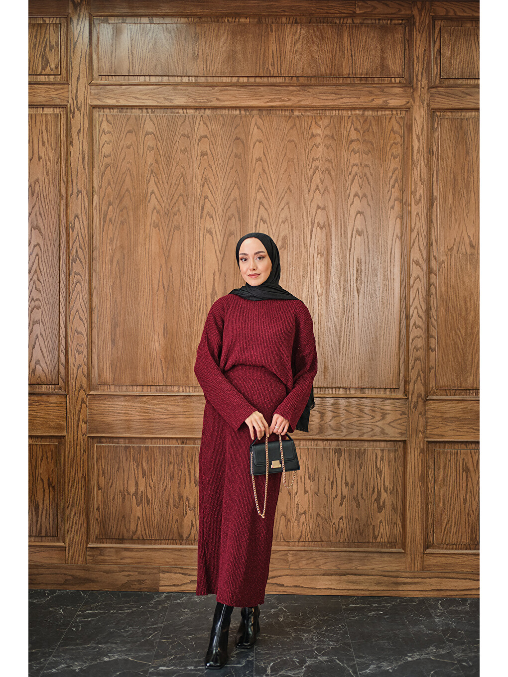 Kadın Triko Etekli Takım Bordo-3