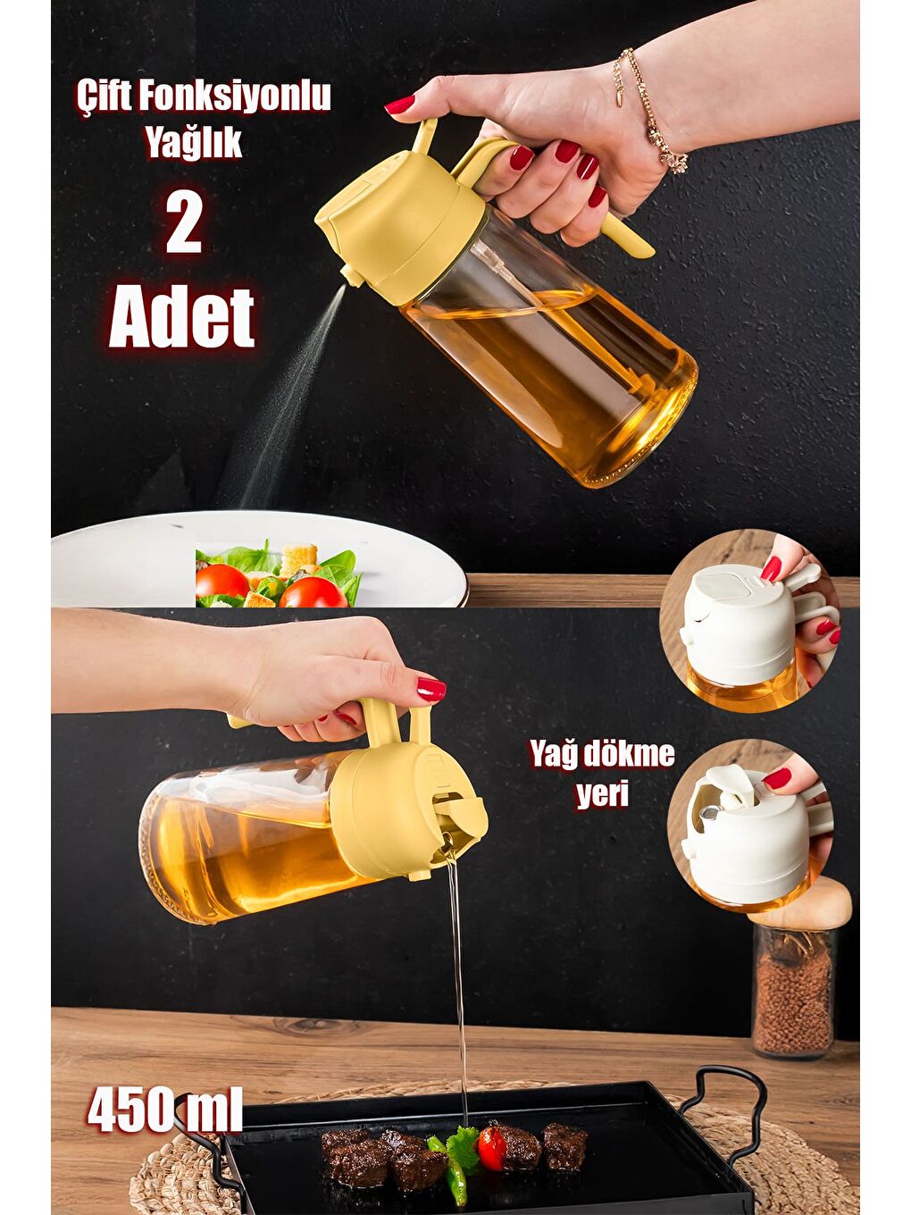 ALK-3157 Çok Amaçlı Cam Sprey Şişe -Yağdanlık Limon Sirke Sos Püskürtücü, Sızdırmaz Yağdanlık Sarı-3