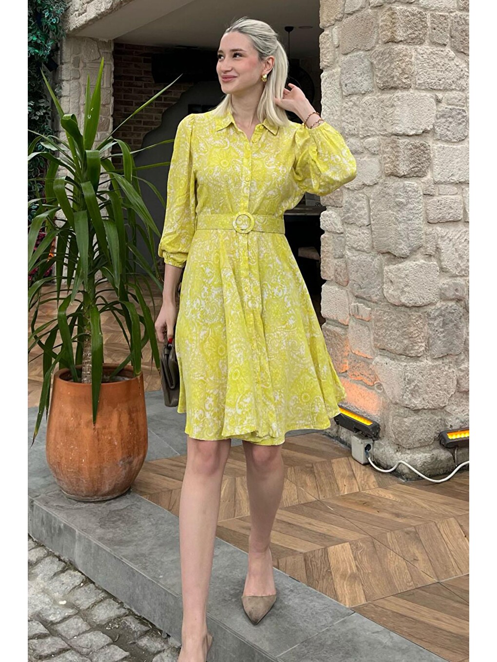 Sarı Çiçek Desenli Gömlek Yaka Mini Elbise Mg1823