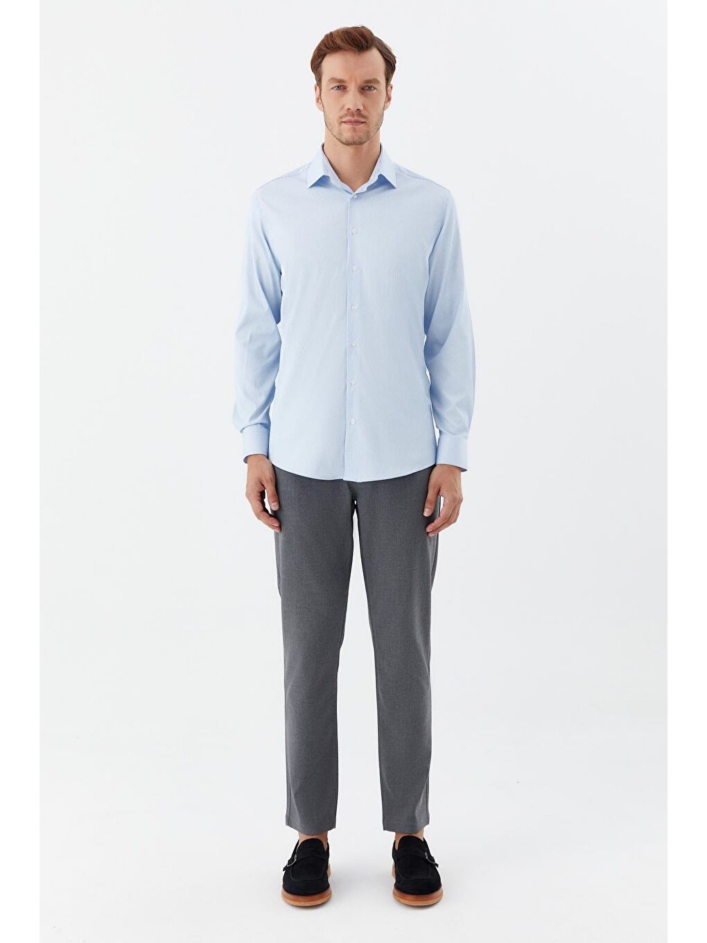 Erkek Açık Mavi Dar Kesim Slim Fit Dokuma Çizgili Klasik Yaka Gömlek-1