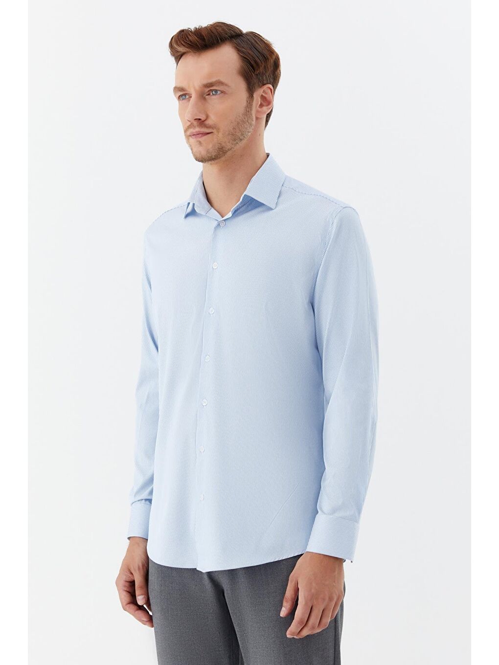 Erkek Açık Mavi Dar Kesim Slim Fit Dokuma Çizgili Klasik Yaka Gömlek-2
