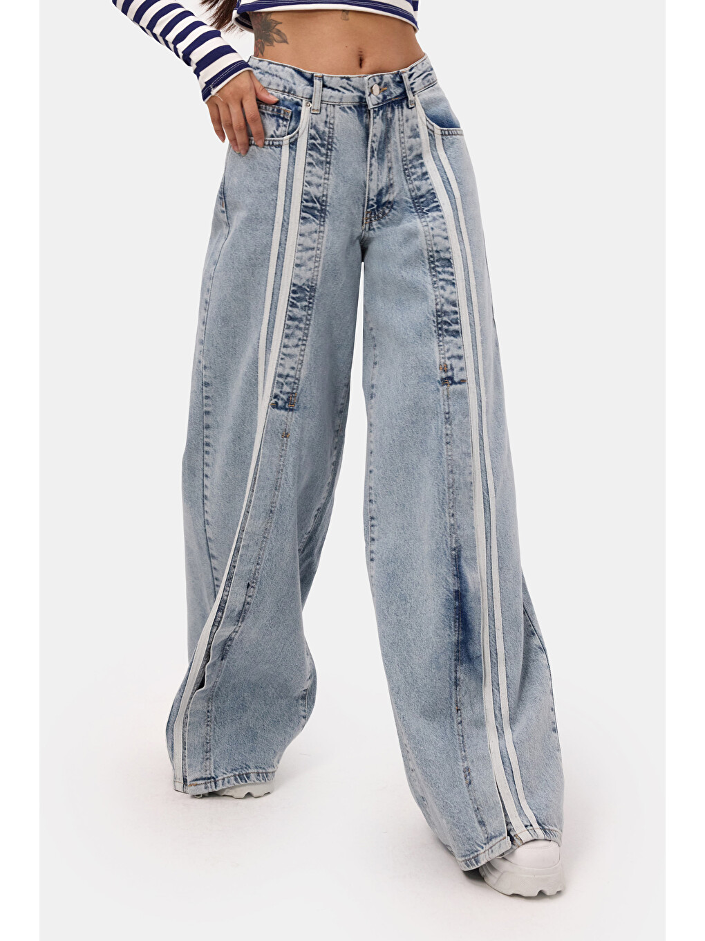 Mavi Kadın Jean Rengi 3s6-27 Palazzo Fit Şerit Detaylı Tasarım Denim Jean