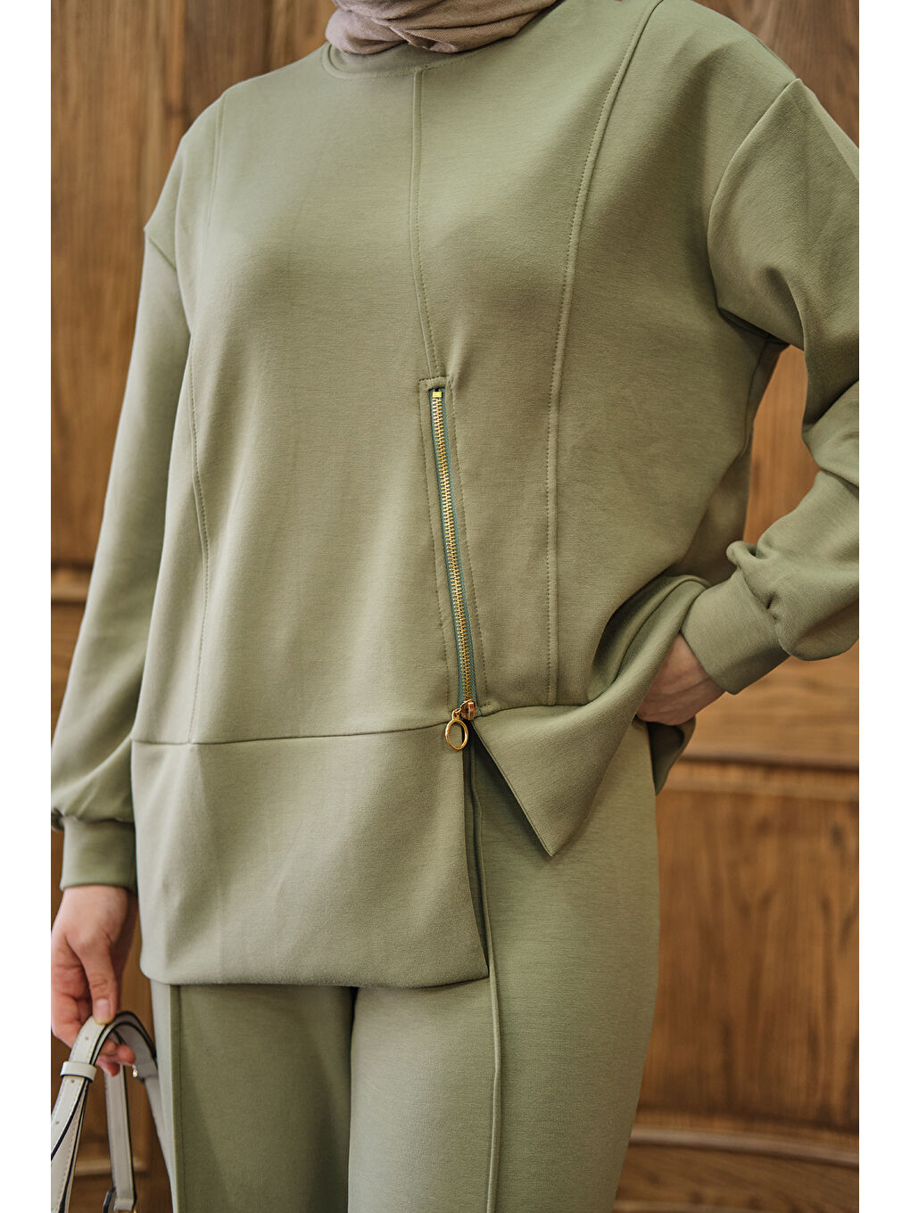 Kadın Fermuar Detay İkili Takım Yeşil-4