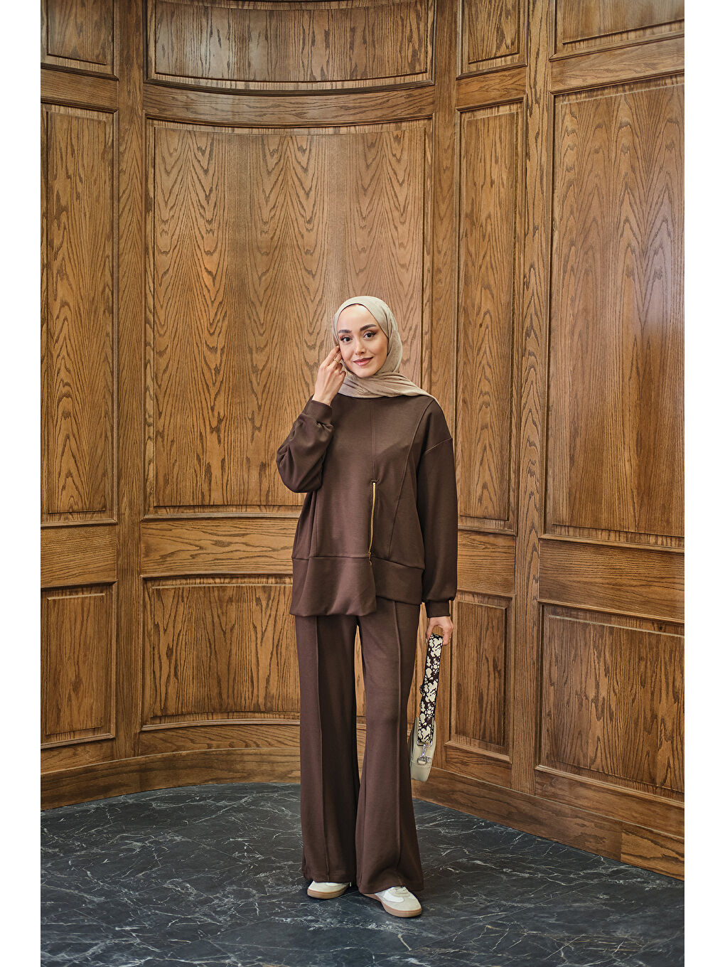 Kadın Fermuar Detay İkili Takım Kahverengi-1