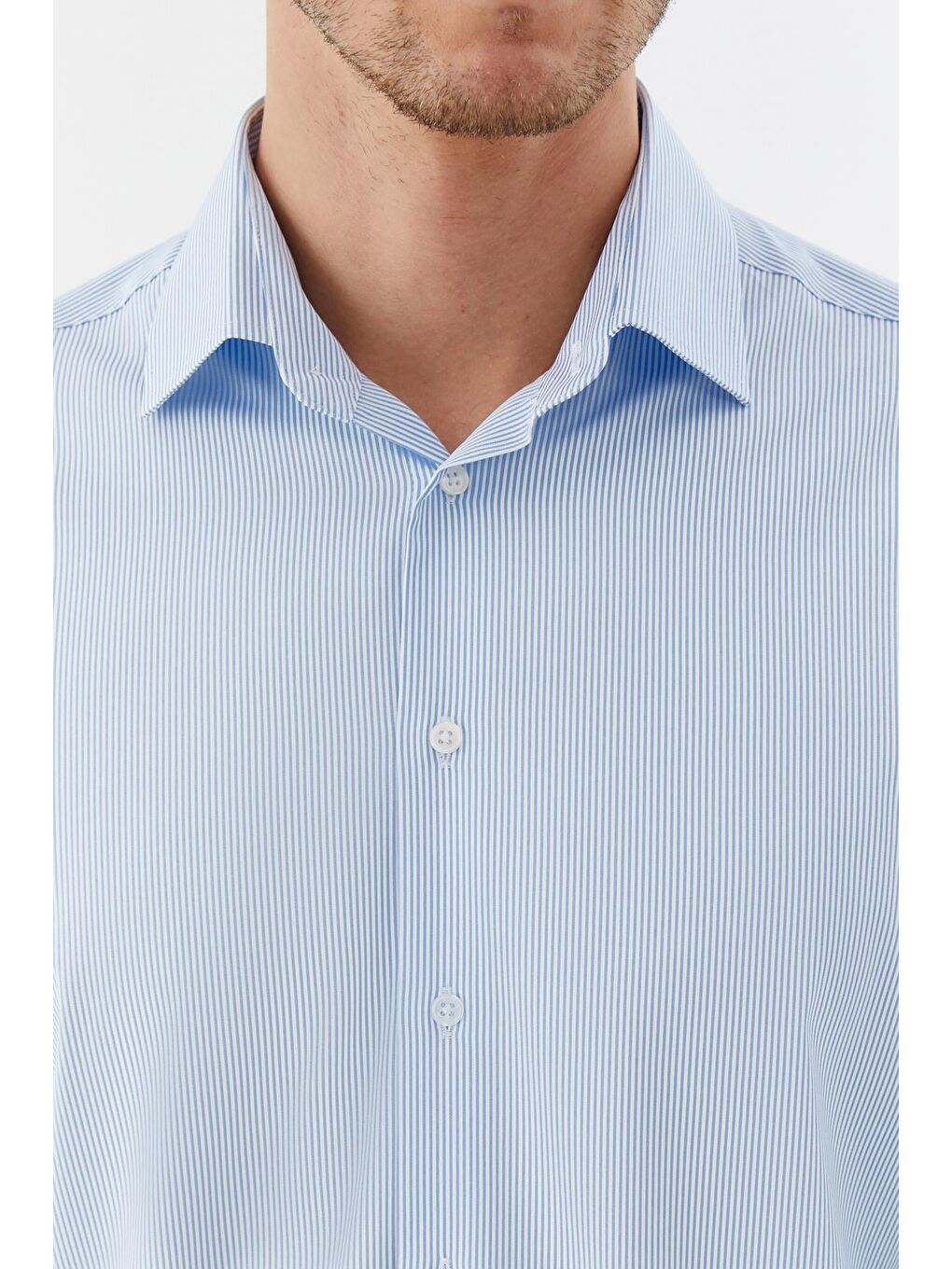 Erkek Açık Mavi Dar Kesim Slim Fit Dokuma Çizgili Klasik Yaka Gömlek-3