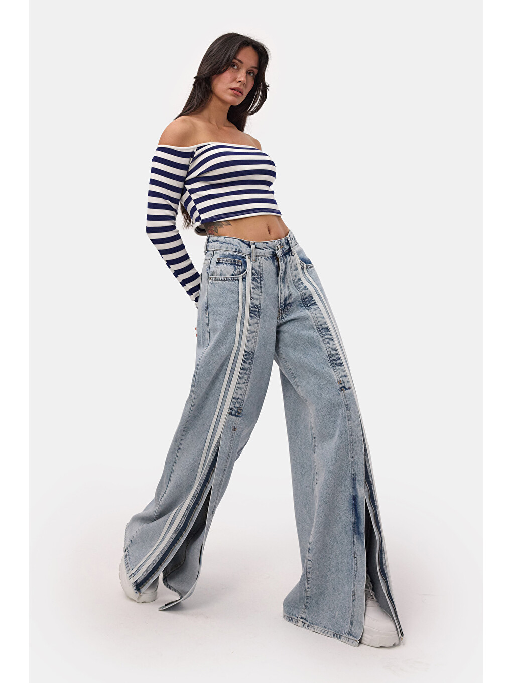 Mavi Kadın Jean Rengi 3s6-27 Palazzo Fit Şerit Detaylı Tasarım Denim Jean-1