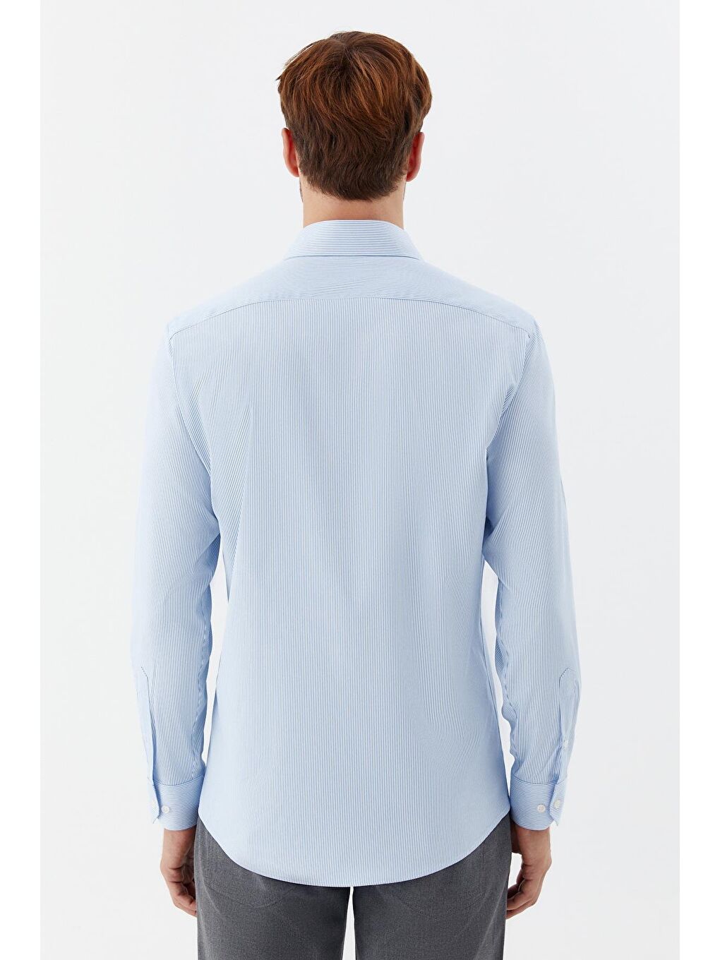 Erkek Açık Mavi Dar Kesim Slim Fit Dokuma Çizgili Klasik Yaka Gömlek-4