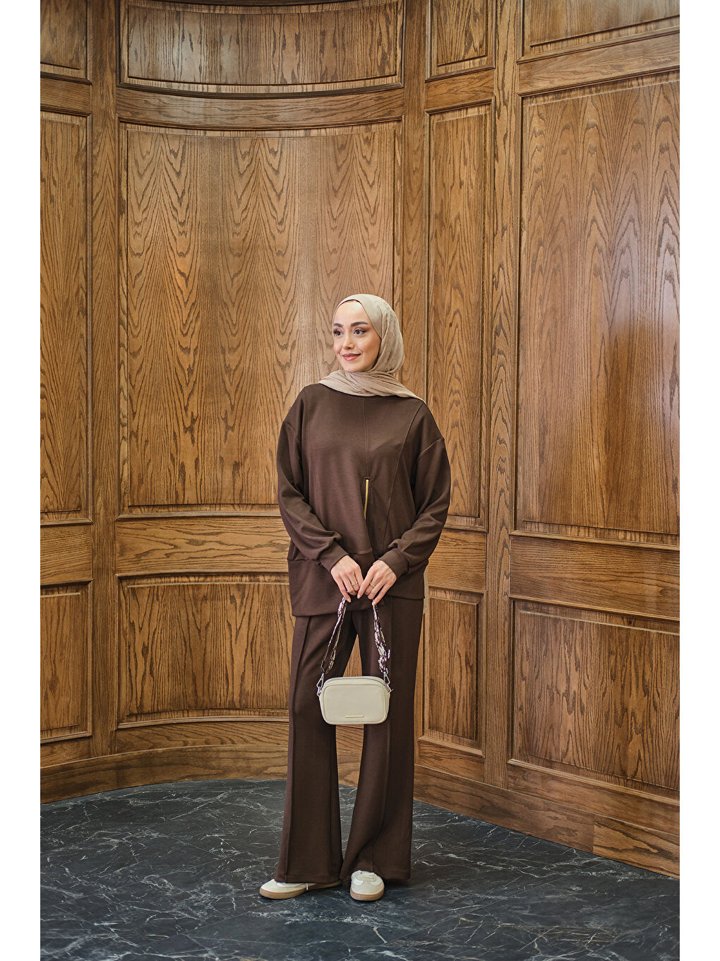 Kadın Fermuar Detay İkili Takım Kahverengi-2