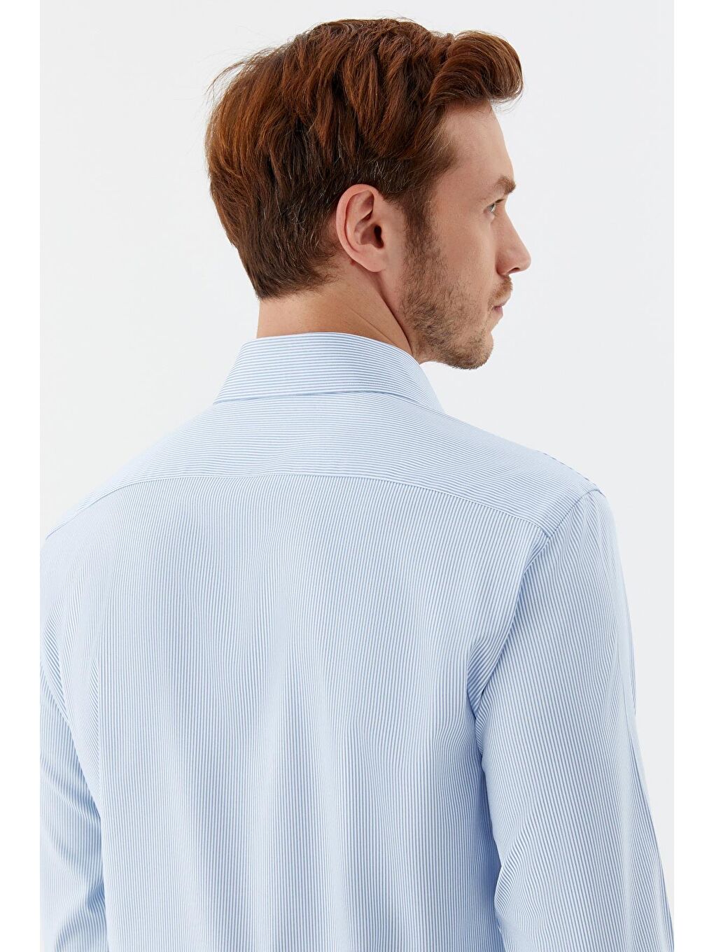 Erkek Açık Mavi Dar Kesim Slim Fit Dokuma Çizgili Klasik Yaka Gömlek-5