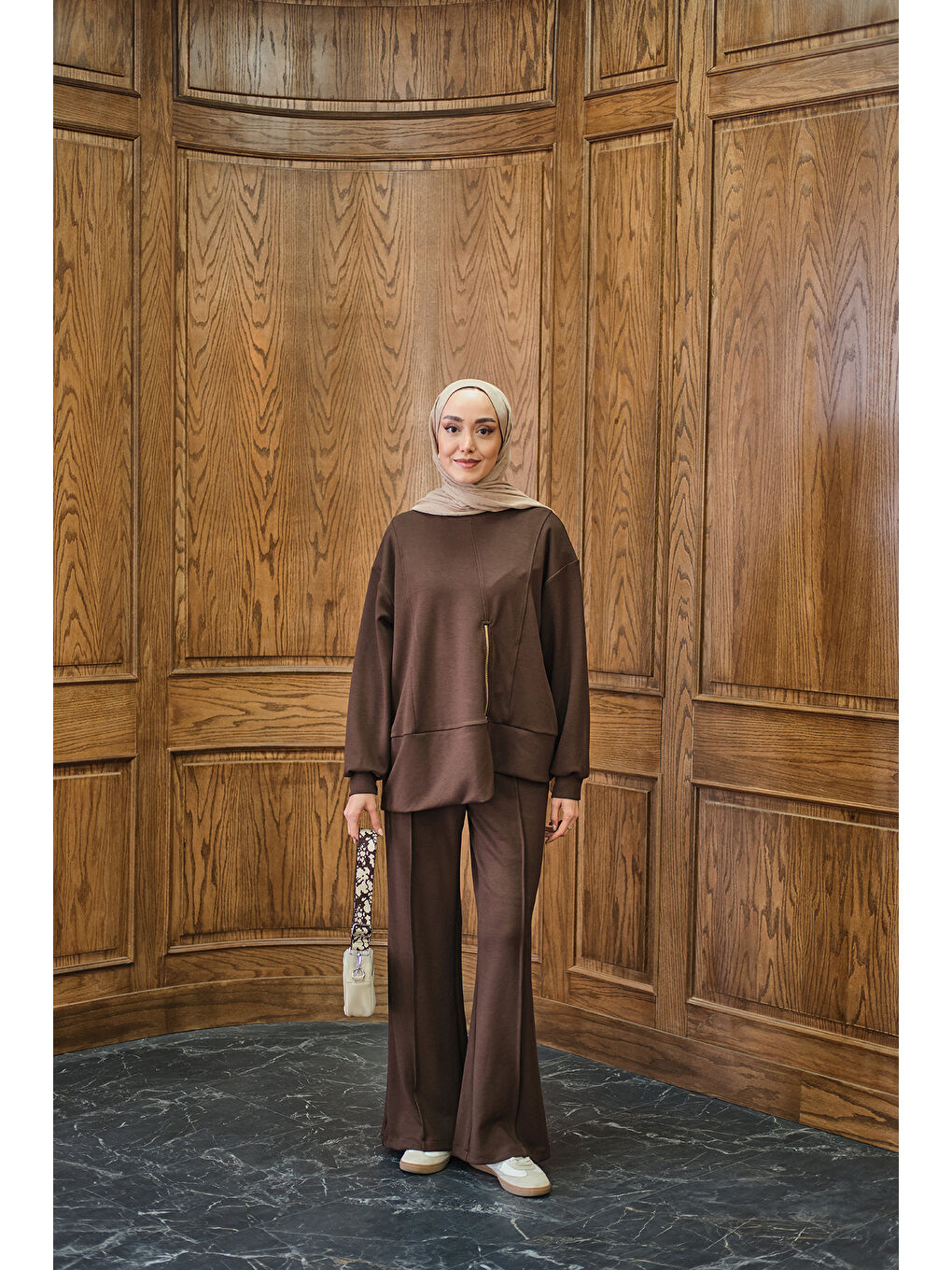 Kadın Fermuar Detay İkili Takım Kahverengi-3