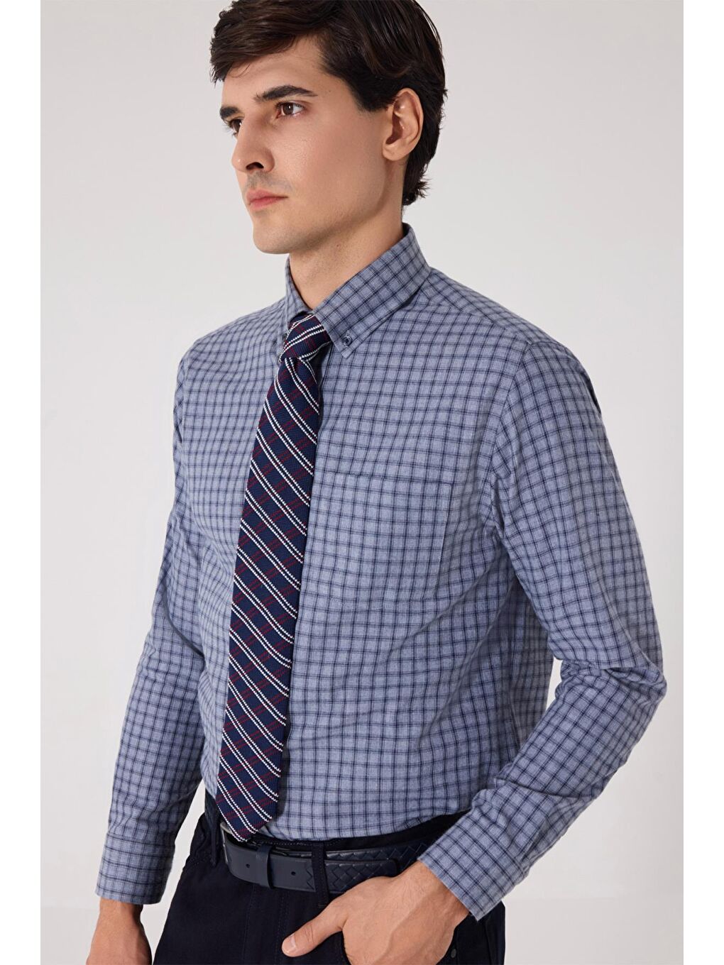 Gri Regular Fit %100 Pamuk Düğmeli Yaka Erkek Gömlek-2