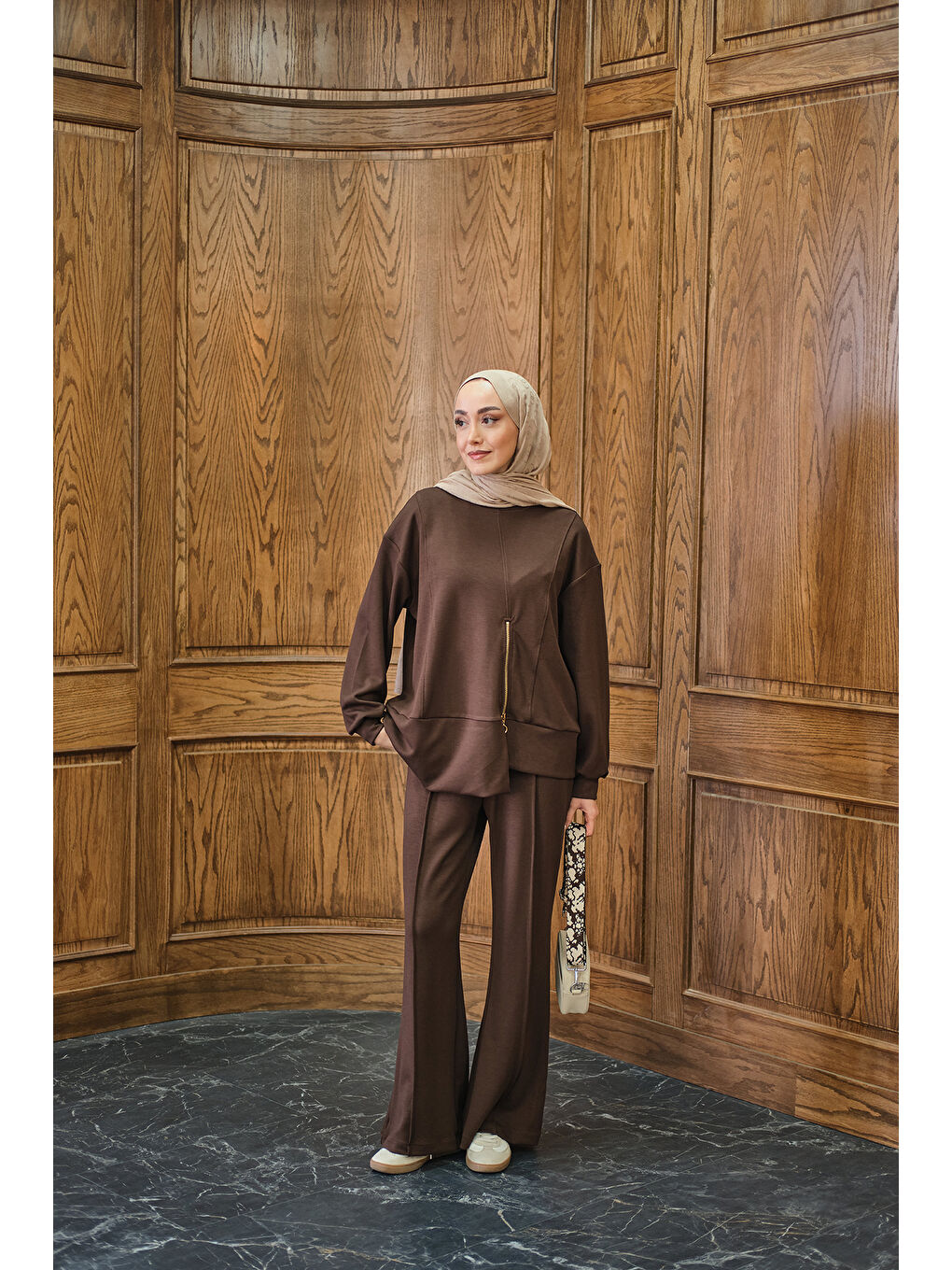 Kadın Fermuar Detay İkili Takım Kahverengi-4