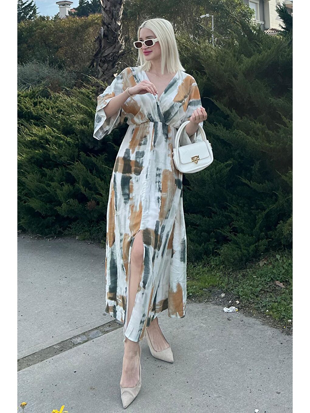 Sarı Hardal Desenli Yırtmaç Detaylı Uzun Elbise Mg2323-4