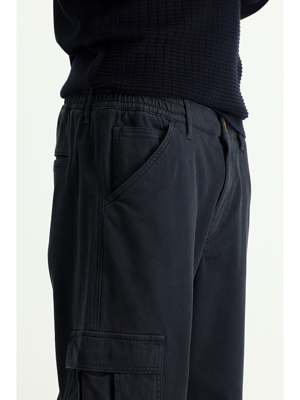 Siyah Regular Fit Elastanlı Beli Lastikli Kargo Pantolon-6
