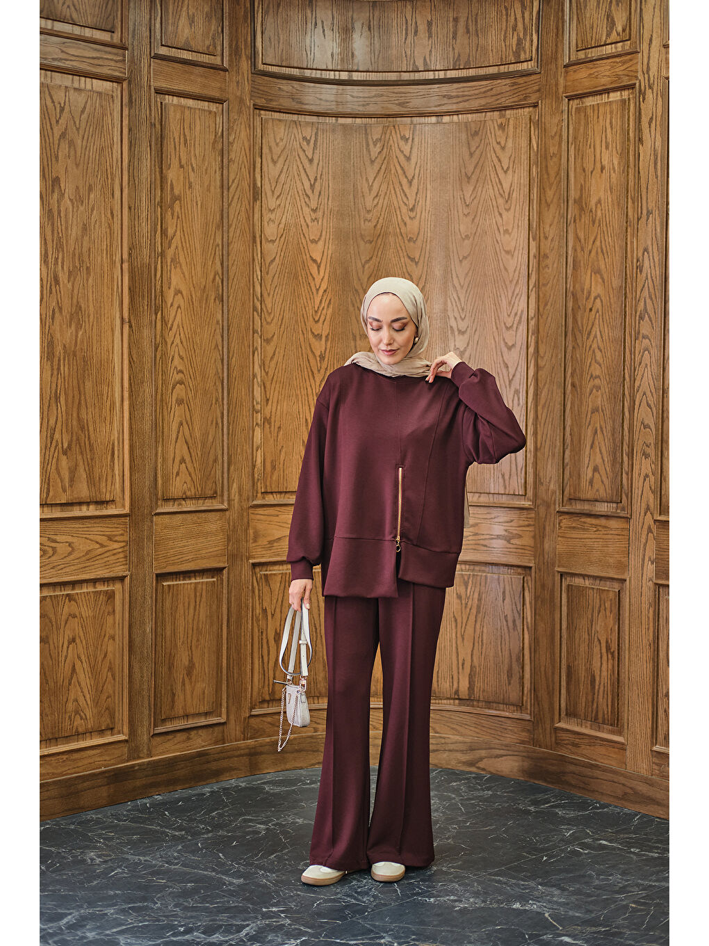 Kadın Fermuar Detay İkili Takım Bordo-1