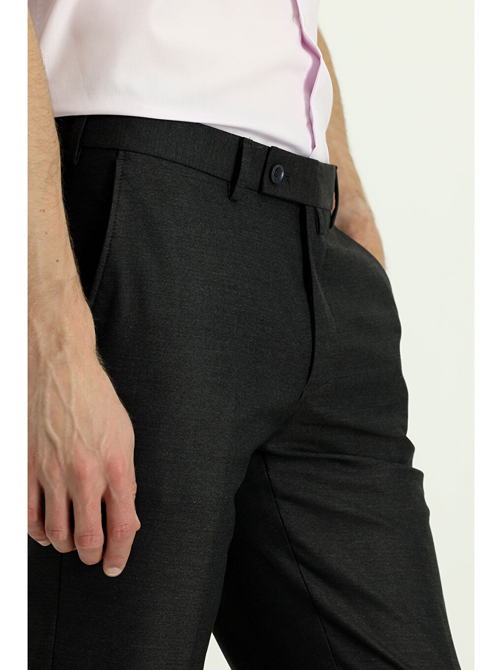 Gri Slim Fit Dar Kesim Yünlü Klasik Kumaş Pantolon-4