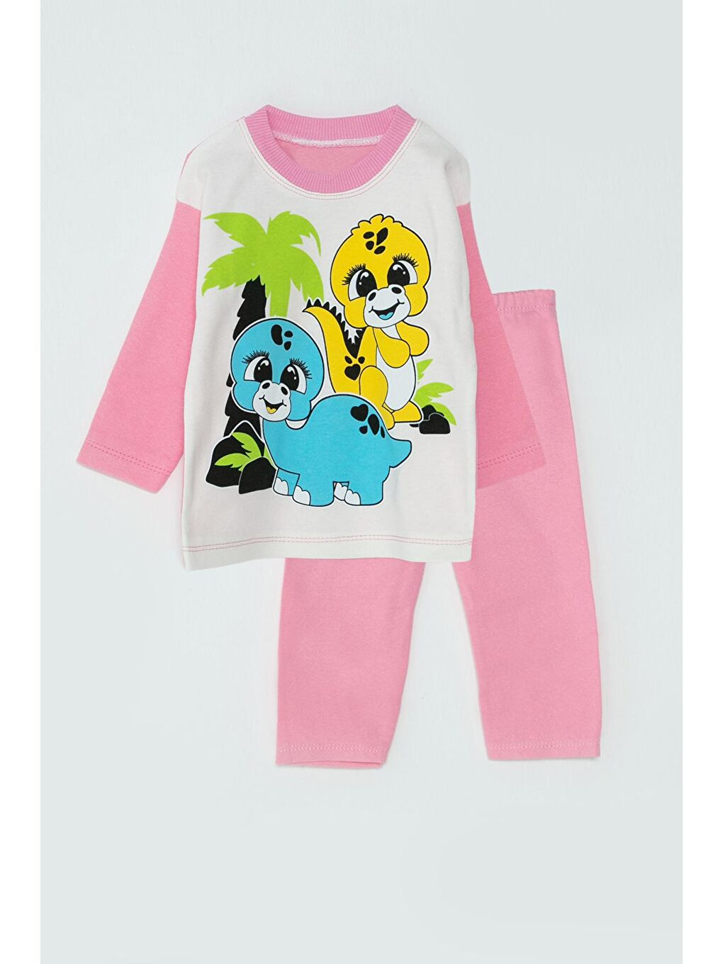 JackandRoy Pembe Dinozor Baskılı Kız Bebek Pijama Takımı