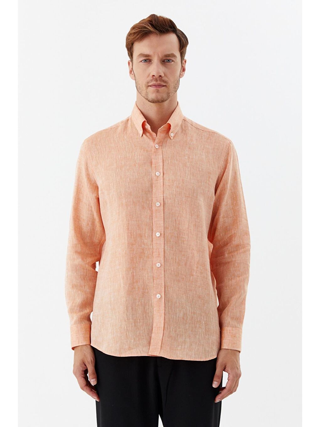 Erkek Turuncu Uzun Kollu %100 Keten Regular Fit Düğmeli Yaka Gömlek