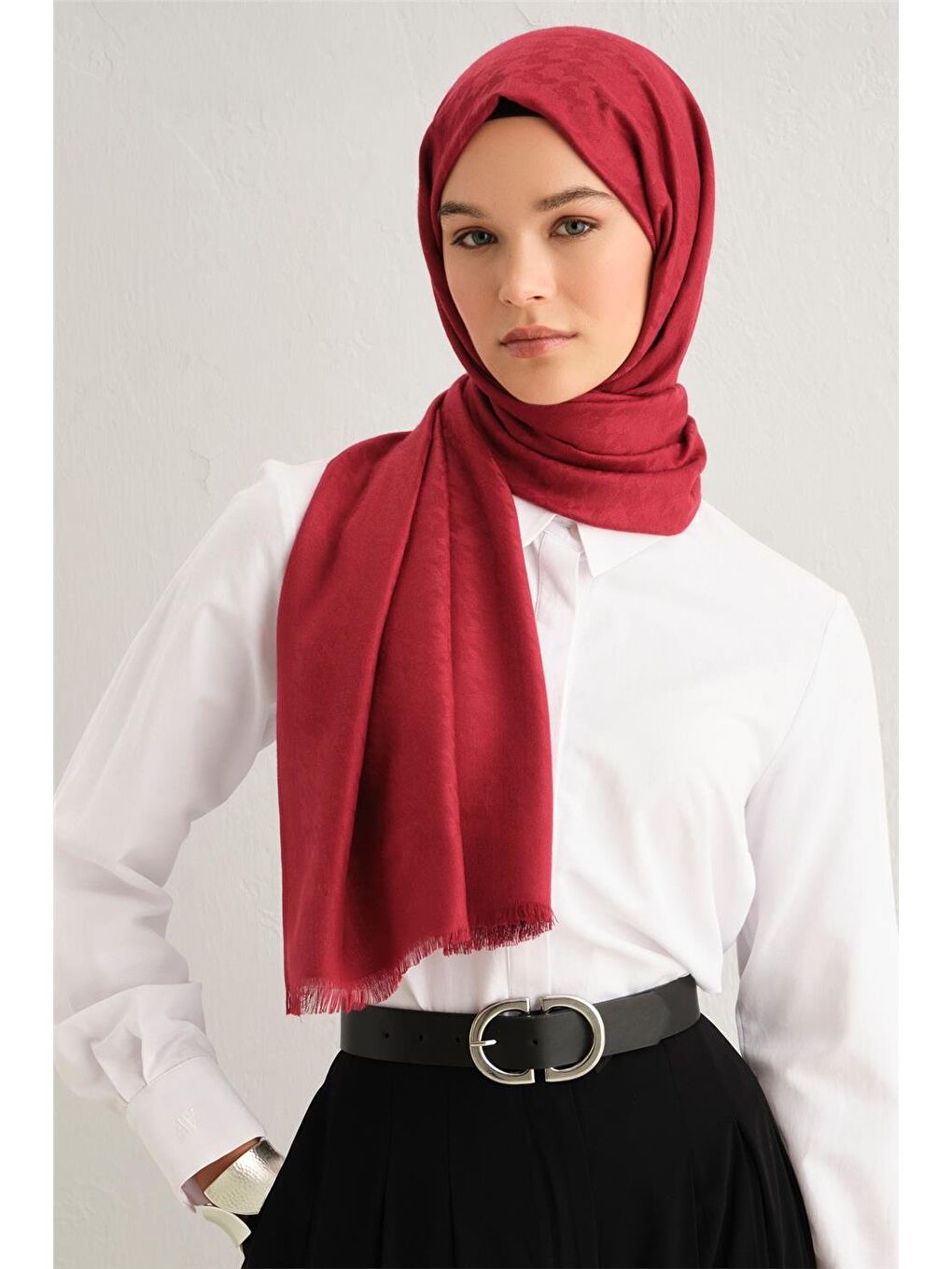 Kırmızı Viscon Kazayağı Desen Şal 04