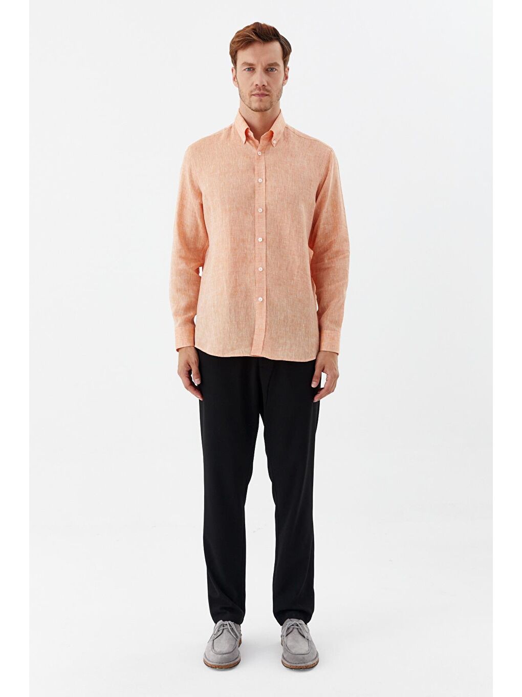 Erkek Turuncu Uzun Kollu %100 Keten Regular Fit Düğmeli Yaka Gömlek-1