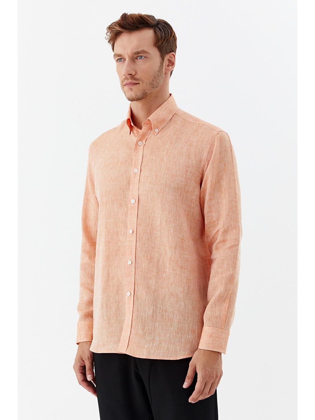 Erkek Turuncu Uzun Kollu %100 Keten Regular Fit Düğmeli Yaka Gömlek-2