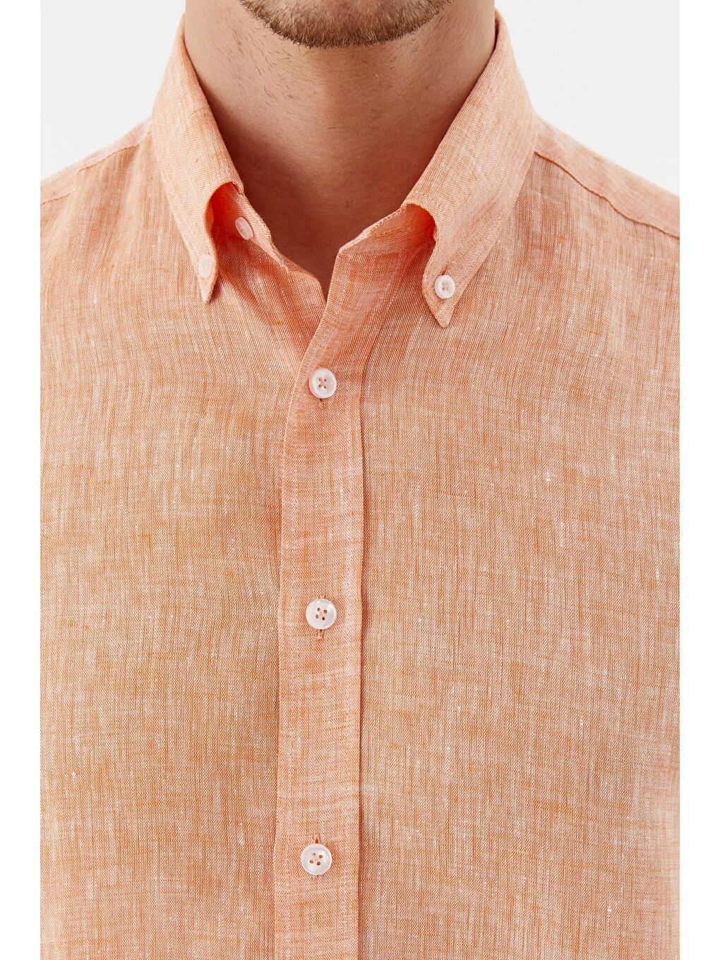 Erkek Turuncu Uzun Kollu %100 Keten Regular Fit Düğmeli Yaka Gömlek-3