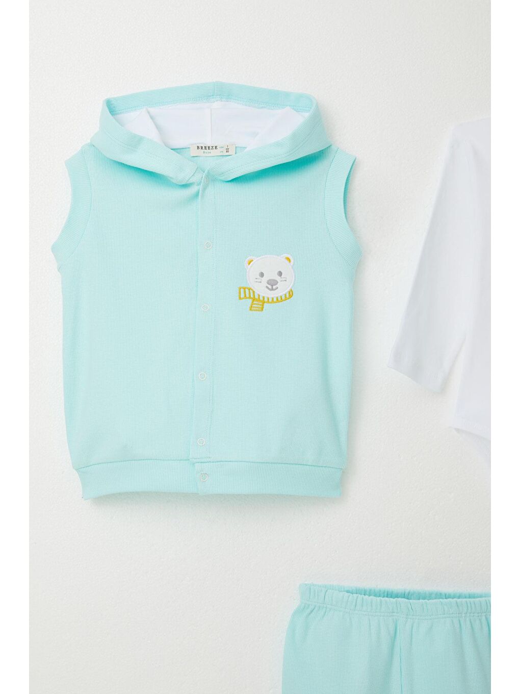 Erkek Bebek Zıbınlı 3 Lü Takım Sevimli Ayıcık Nakışlı Kapüşonlu Açık Mavi  4 Ay 1 Yaş-2