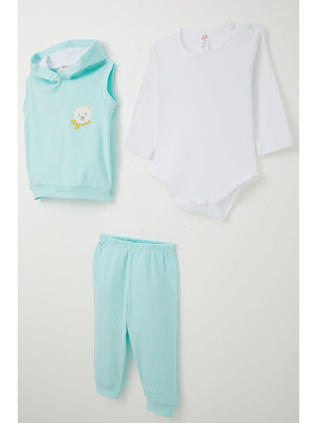 Erkek Bebek Zıbınlı 3 Lü Takım Sevimli Ayıcık Nakışlı Kapüşonlu Açık Mavi  4 Ay 1 Yaş-3
